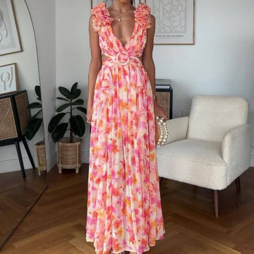 New Fashion Casual Home Sexy Printing Tie With Waist Folded Dress Woman